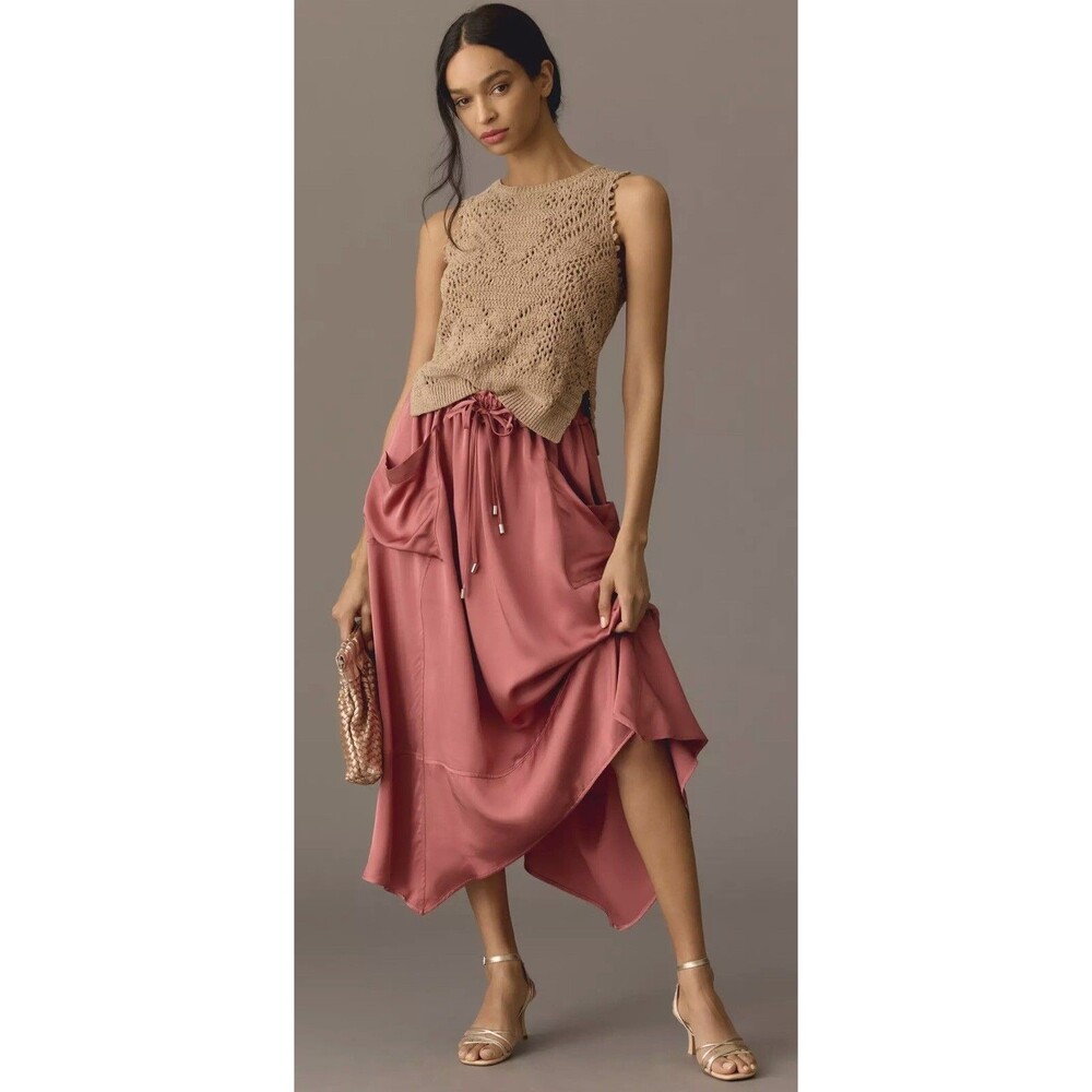 Anthropologie Midi Skirt Women Silky Parachute Rose Preppy Resort Size XXS NWT